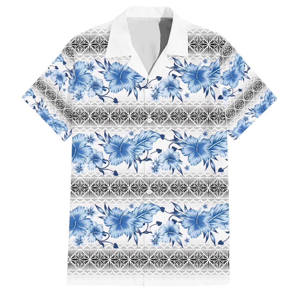 Samoa White Sunday Hawaiian Shirt Samoan Tapa Blue Hibiscus - Polynesian Pride