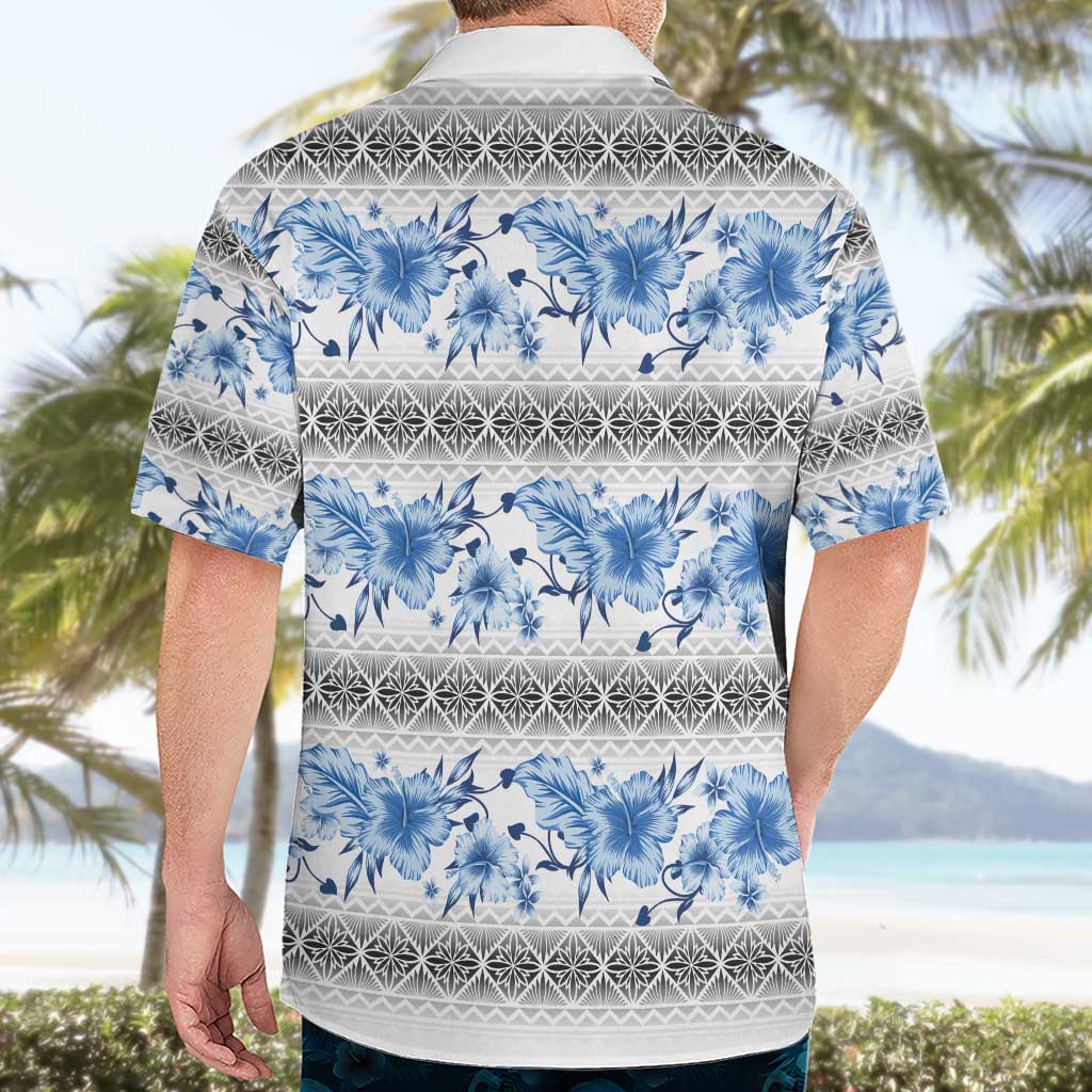 Samoa White Sunday Hawaiian Shirt Samoan Tapa Blue Hibiscus - Polynesian Pride