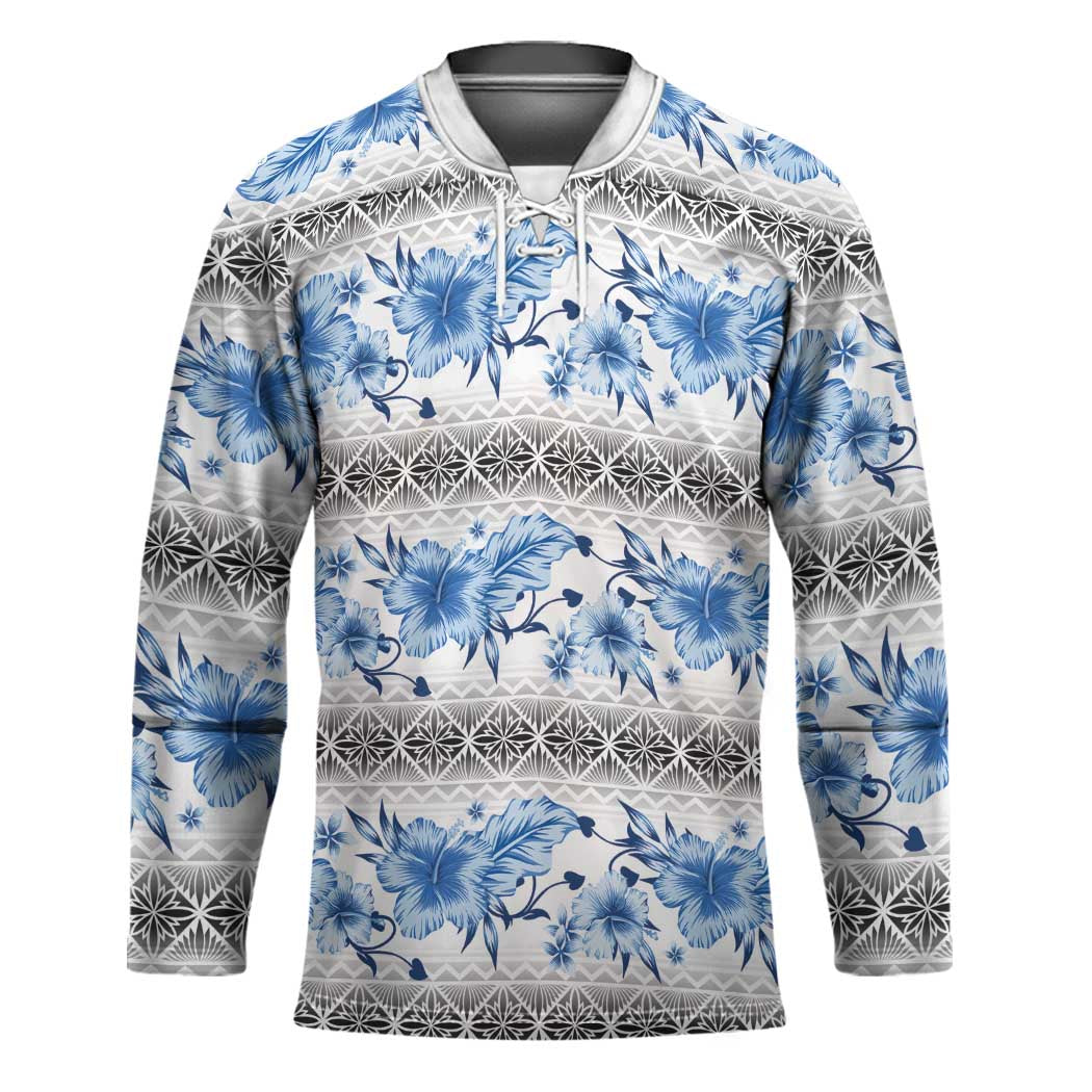 Samoa White Sunday Hockey Jersey Samoan Tapa Blue Hibiscus - Polynesian Pride