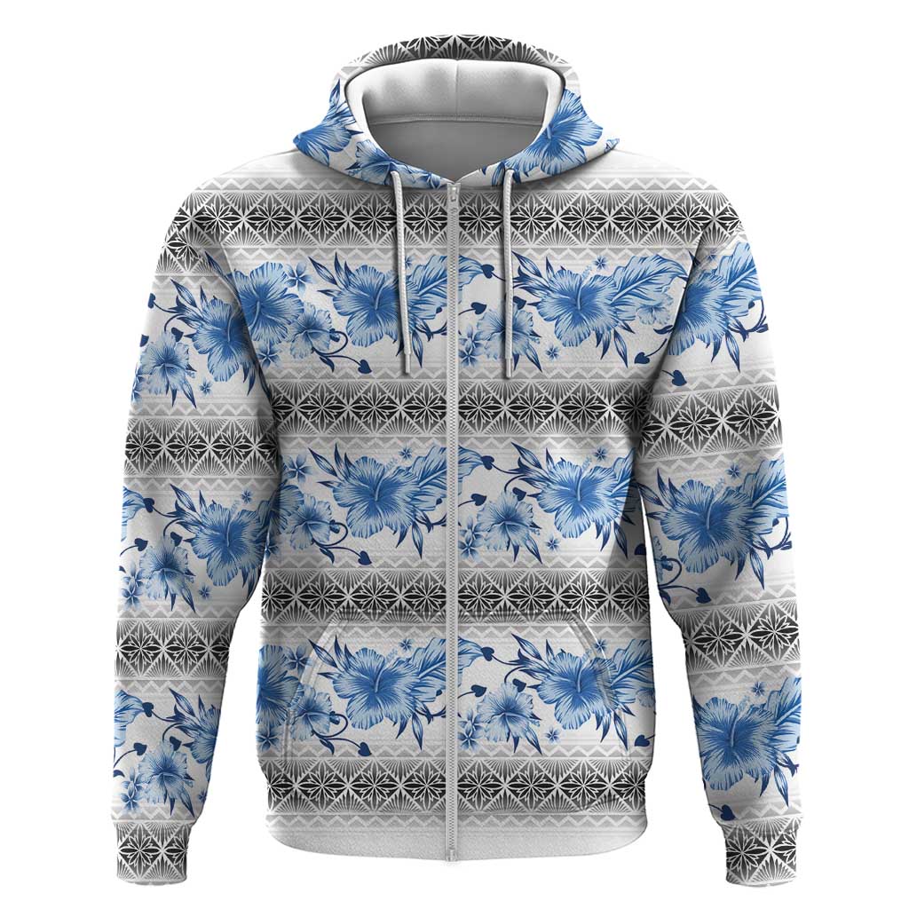 Samoa White Sunday Hoodie Samoan Tapa Blue Hibiscus - Polynesian Pride