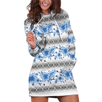 Samoa White Sunday Hoodie Dress Samoan Tapa Blue Hibiscus - Polynesian Pride