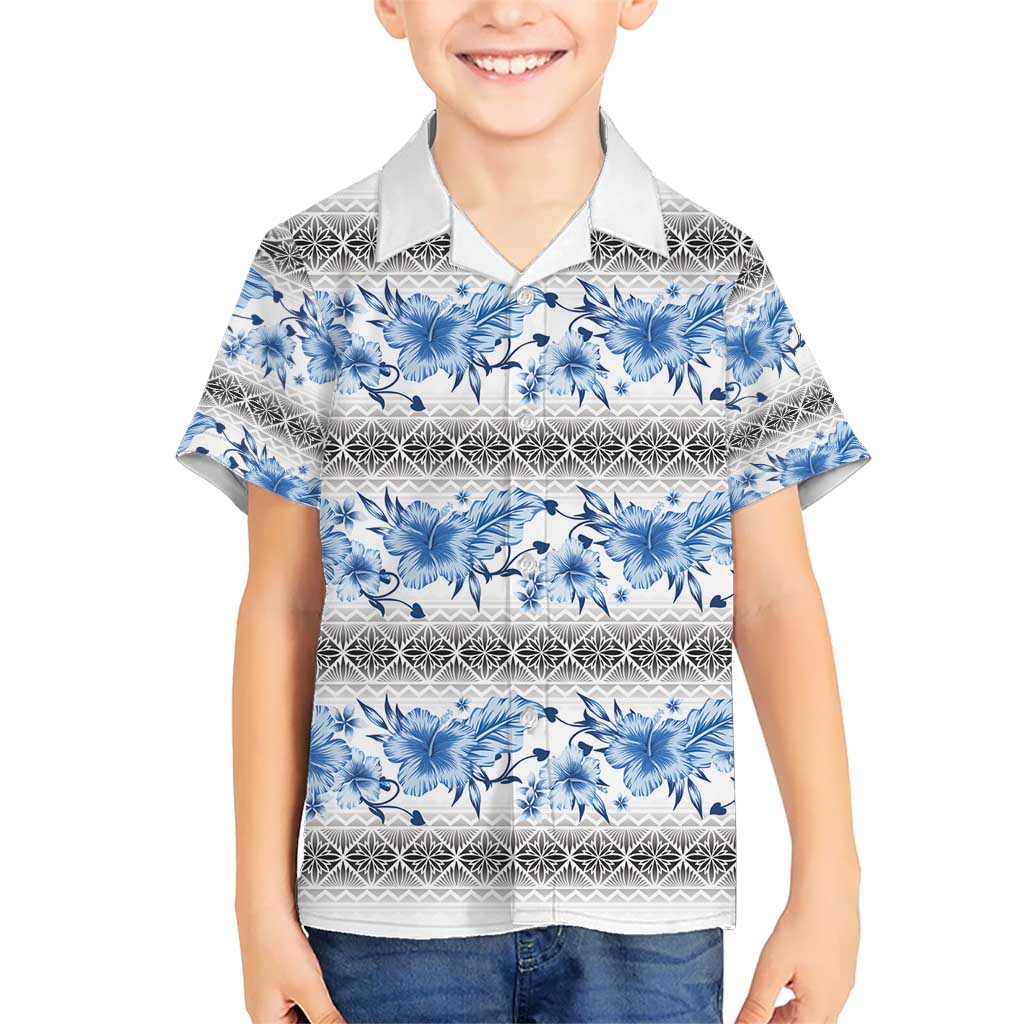 Samoa White Sunday Kid Hawaiian Shirt Samoan Tapa Blue Hibiscus - Polynesian Pride