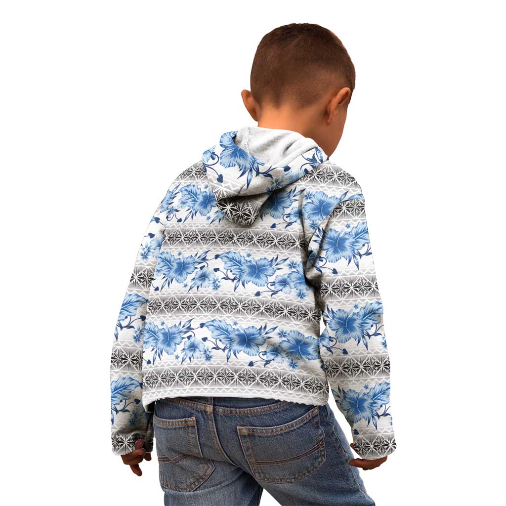 Samoa White Sunday Kid Hoodie Samoan Tapa Blue Hibiscus - Polynesian Pride