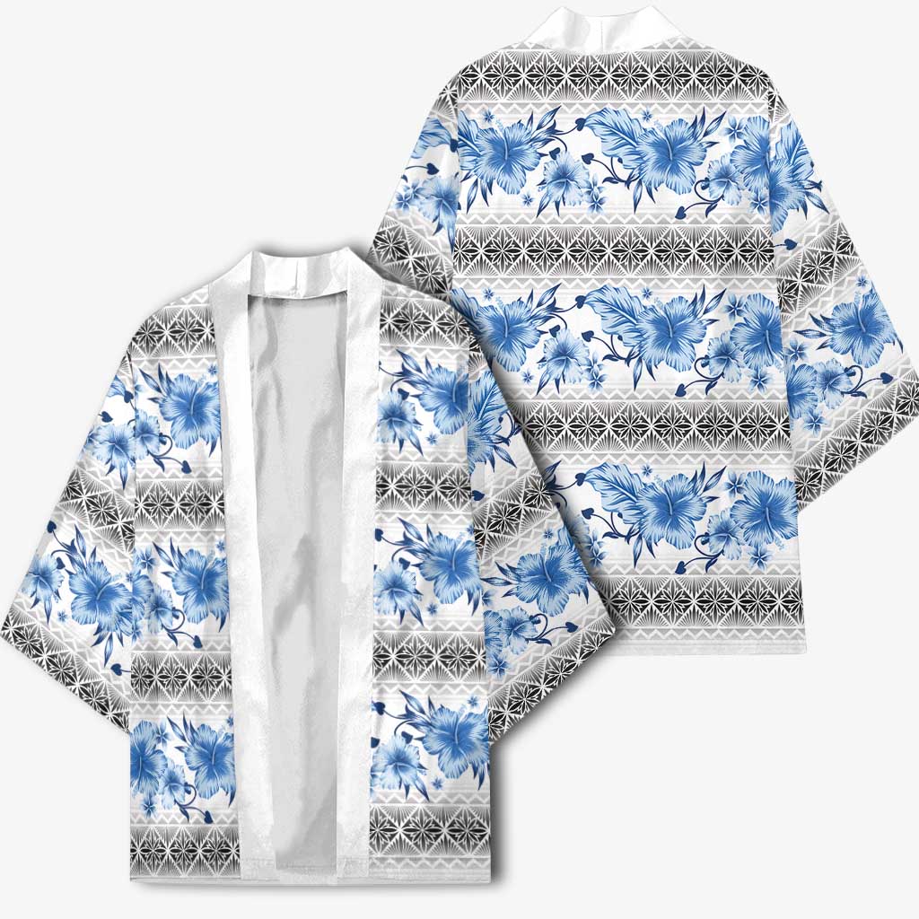 Samoa White Sunday Kimono Samoan Tapa Blue Hibiscus - Polynesian Pride