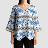 Samoa White Sunday Kimono Sleeve Blouse Samoan Tapa Blue Hibiscus - Polynesian Pride