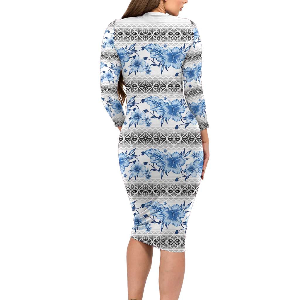 Samoa White Sunday Long Sleeve Bodycon Dress Samoan Tapa Blue Hibiscus - Polynesian Pride
