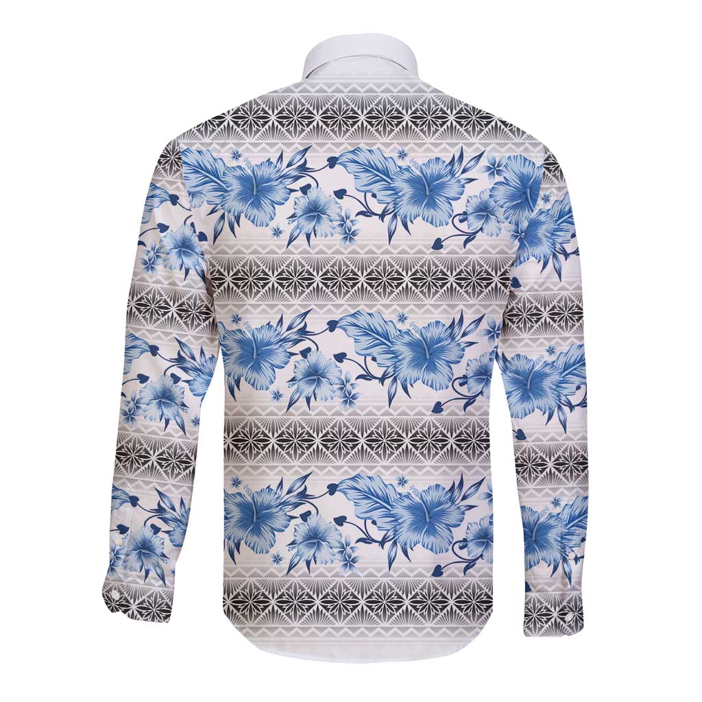 Samoa White Sunday Long Sleeve Button Shirt Samoan Tapa Blue Hibiscus - Polynesian Pride
