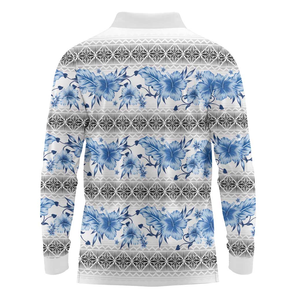 Samoa White Sunday Long Sleeve Polo Shirt Samoan Tapa Blue Hibiscus - Polynesian Pride