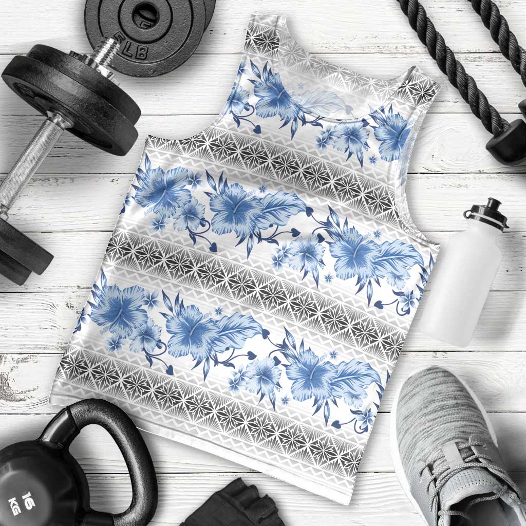 Samoa White Sunday Men Tank Top Samoan Tapa Blue Hibiscus - Polynesian Pride