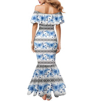 Samoa White Sunday Mermaid Dress Samoan Tapa Blue Hibiscus - Polynesian Pride