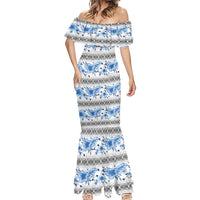 Samoa White Sunday Mermaid Dress Samoan Tapa Blue Hibiscus - Polynesian Pride
