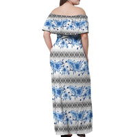 Samoa White Sunday Off Shoulder Maxi Dress Samoan Tapa Blue Hibiscus - Polynesian Pride