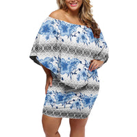 Samoa White Sunday Off Shoulder Short Dress Samoan Tapa Blue Hibiscus - Polynesian Pride