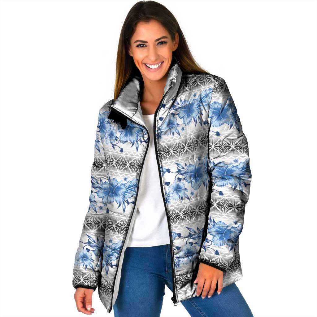 Samoa White Sunday Padded Jacket Samoan Tapa Blue Hibiscus LT05 Women Blue - Polynesian Pride