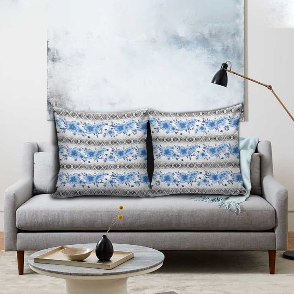 Samoa White Sunday Pillow Cover Samoan Tapa Blue Hibiscus - Polynesian Pride