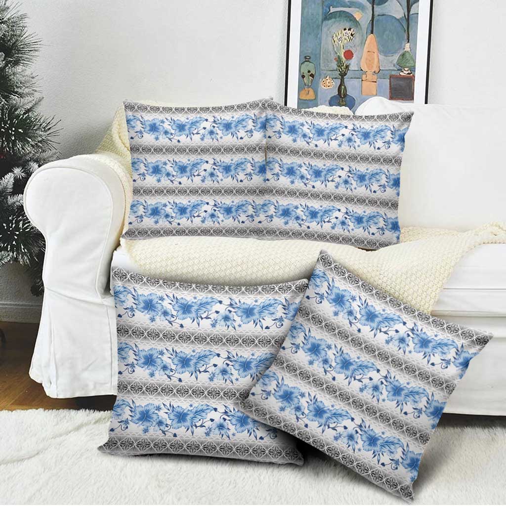 Samoa White Sunday Pillow Cover Samoan Tapa Blue Hibiscus - Polynesian Pride