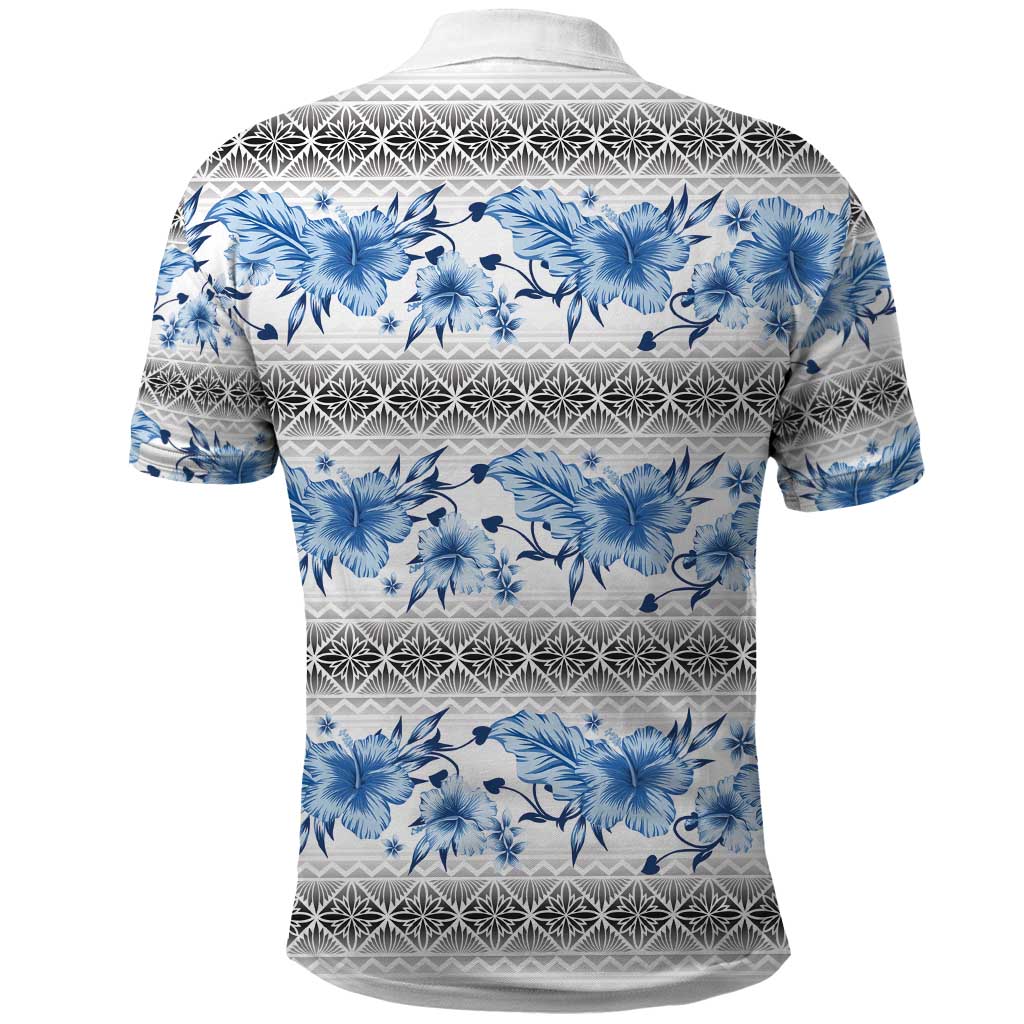 Samoa White Sunday Polo Shirt Samoan Tapa Blue Hibiscus - Polynesian Pride