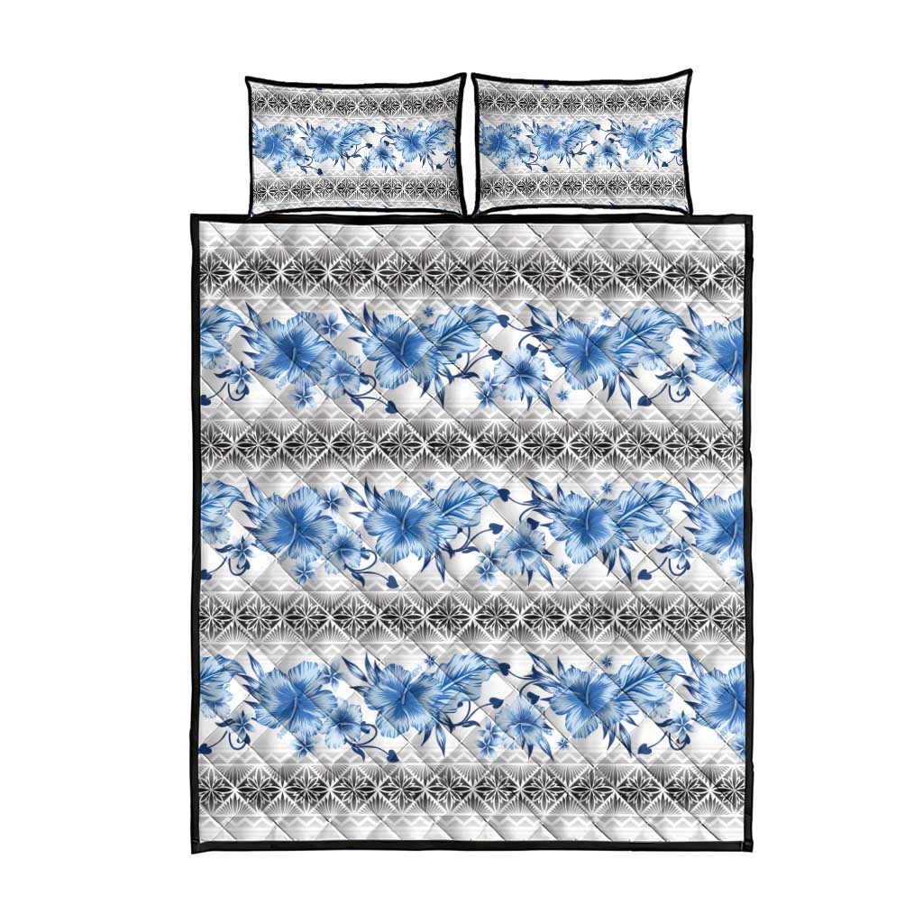 Samoa White Sunday Quilt Bed Set Samoan Tapa Blue Hibiscus - Polynesian Pride
