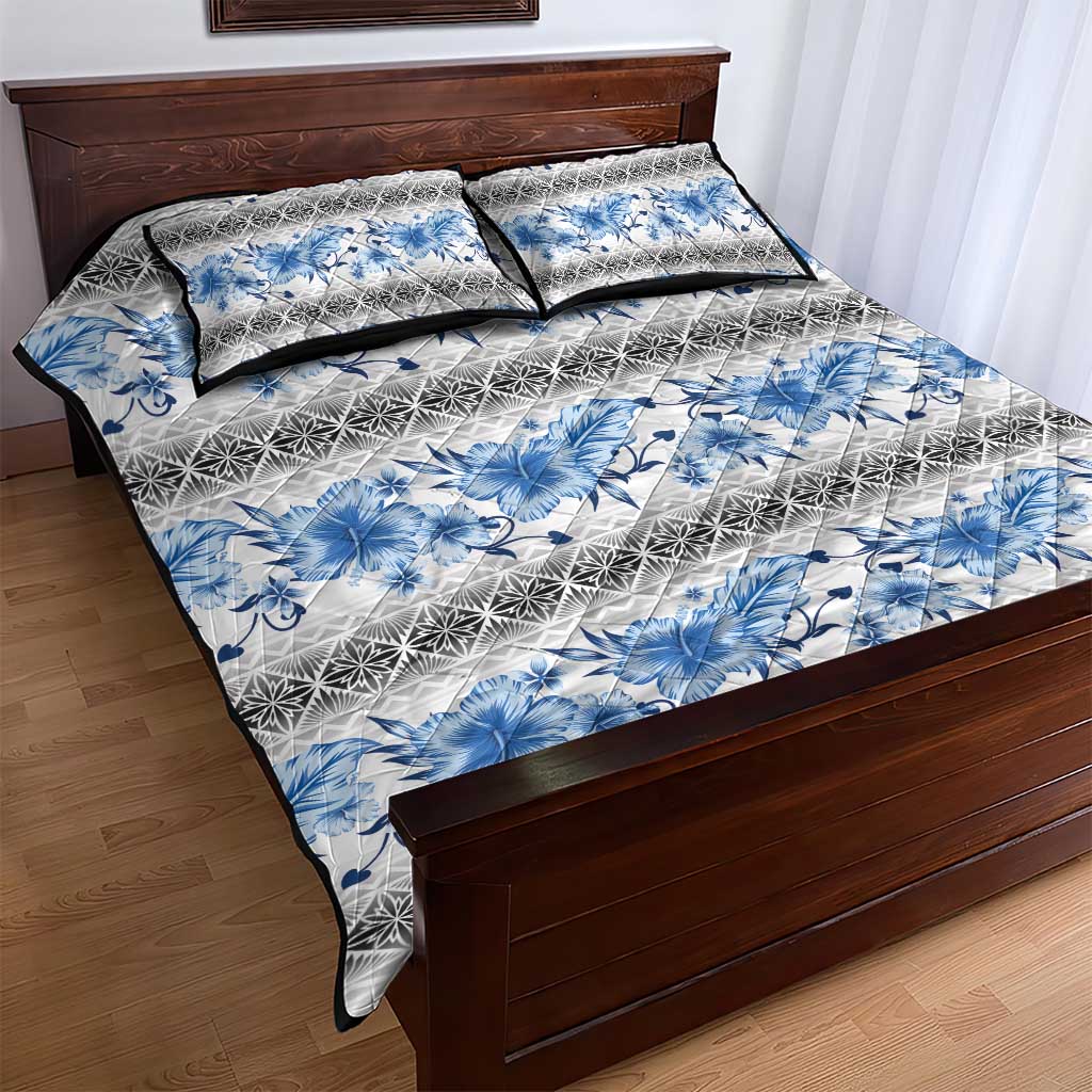 Samoa White Sunday Quilt Bed Set Samoan Tapa Blue Hibiscus - Polynesian Pride