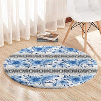 Samoa White Sunday Round Carpet Samoan Tapa Blue Hibiscus - Polynesian Pride