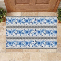 Samoa White Sunday Rubber Doormat Samoan Tapa Blue Hibiscus - Polynesian Pride