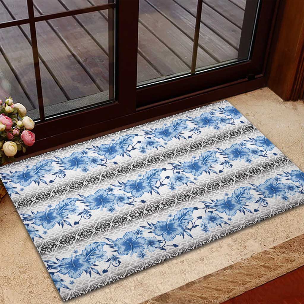 Samoa White Sunday Rubber Doormat Samoan Tapa Blue Hibiscus - Polynesian Pride