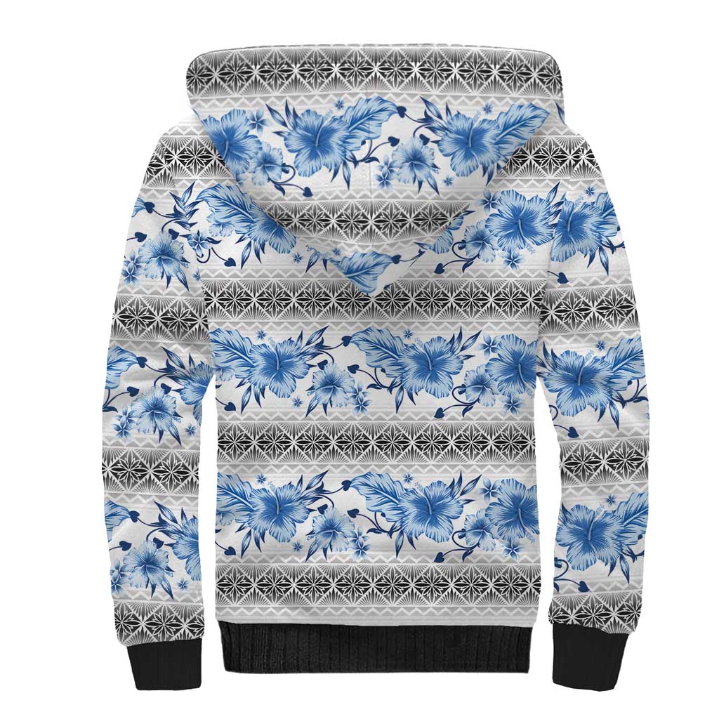 Samoa White Sunday Sherpa Hoodie Samoan Tapa Blue Hibiscus LT05 - Polynesian Pride