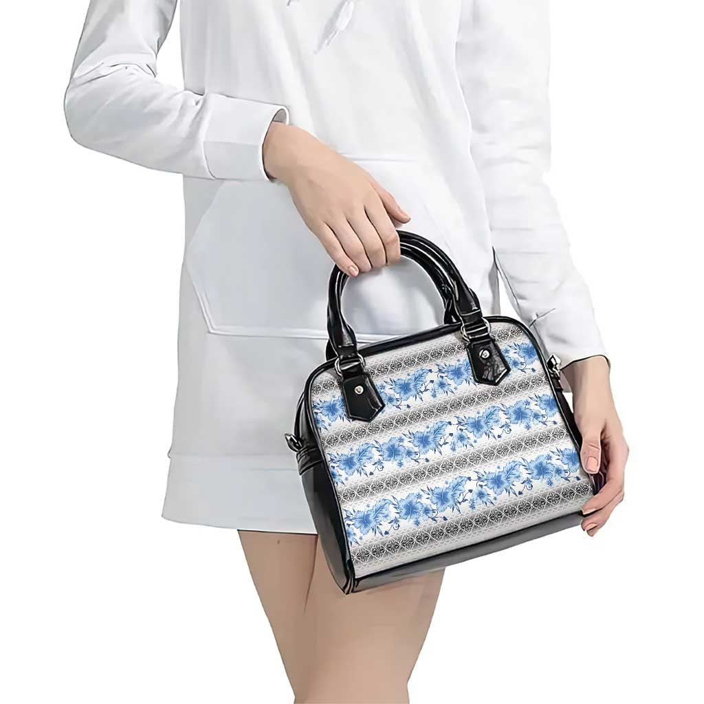 Samoa White Sunday Shoulder Handbag Samoan Tapa Blue Hibiscus - Polynesian Pride