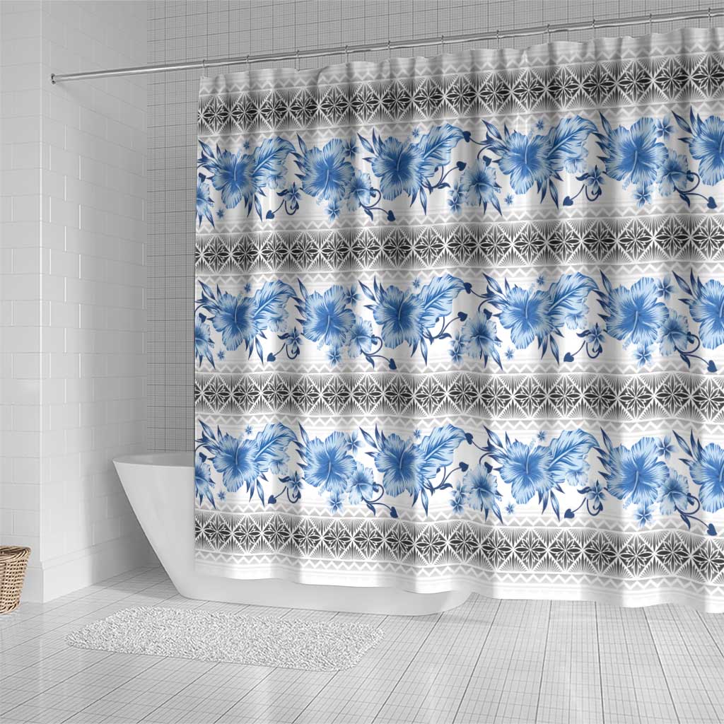 Samoa White Sunday Shower Curtain Samoan Tapa Blue Hibiscus - Polynesian Pride
