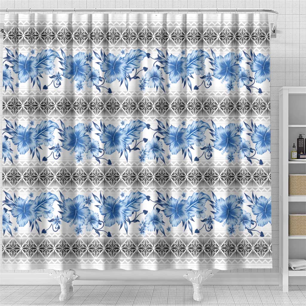Samoa White Sunday Shower Curtain Samoan Tapa Blue Hibiscus - Polynesian Pride