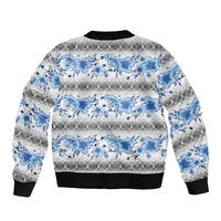 Samoa White Sunday Sleeve Zip Bomber Jacket Samoan Tapa Blue Hibiscus - Polynesian Pride