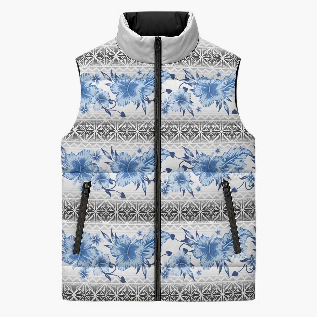 Samoa White Sunday Sleeveless Puffer Jacket Samoan Tapa Blue Hibiscus LT05 Unisex Blue - Polynesian Pride