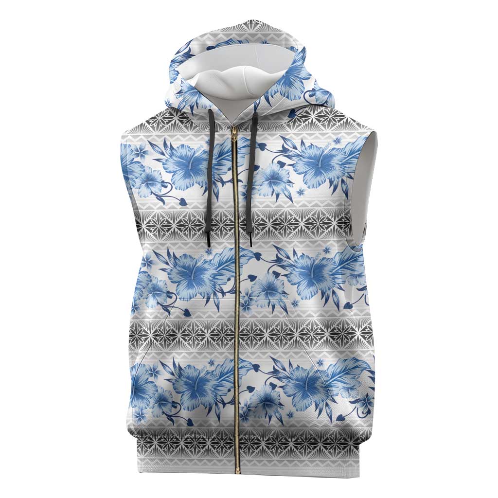 Samoa White Sunday Sleeveless Zip Hoodie Samoan Tapa Blue Hibiscus - Polynesian Pride