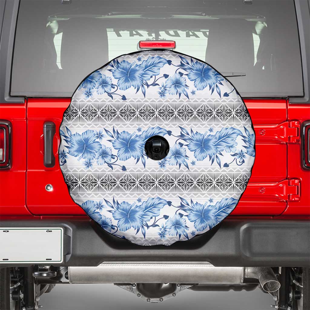 Samoa White Sunday Spare Tire Cover Samoan Tapa Blue Hibiscus - Polynesian Pride
