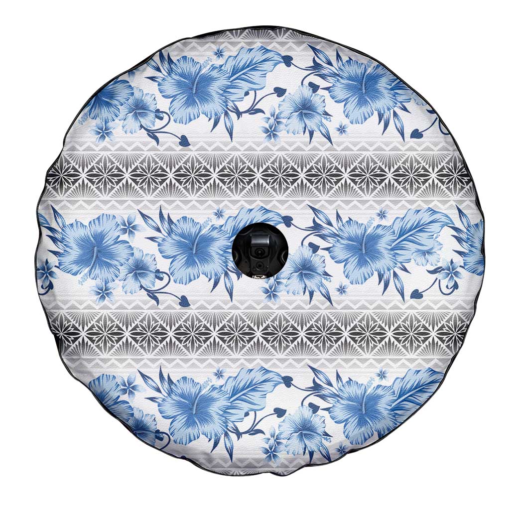 Samoa White Sunday Spare Tire Cover Samoan Tapa Blue Hibiscus - Polynesian Pride
