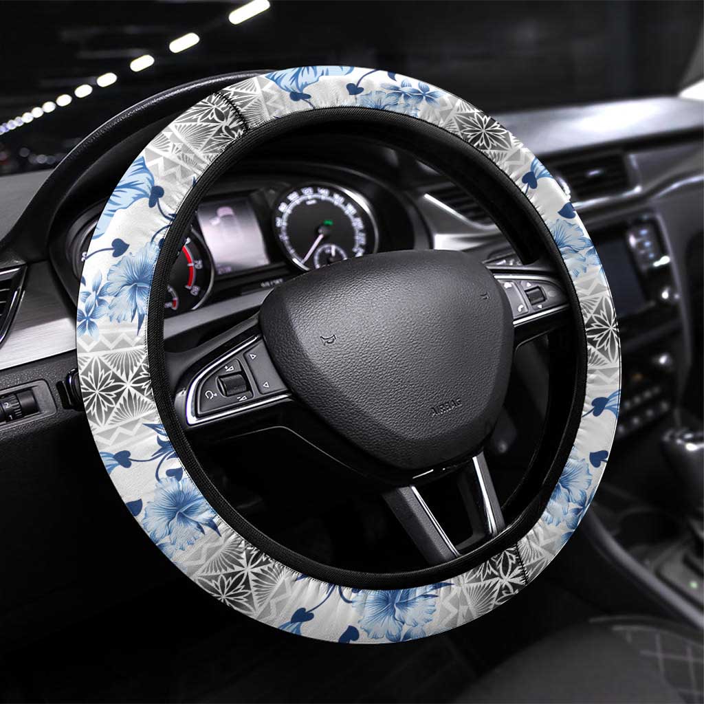 Samoa White Sunday Steering Wheel Cover Samoan Tapa Blue Hibiscus LT05 Universal Fit Blue - Polynesian Pride