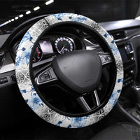 Samoa White Sunday Steering Wheel Cover Samoan Tapa Blue Hibiscus LT05 Universal Fit Blue - Polynesian Pride