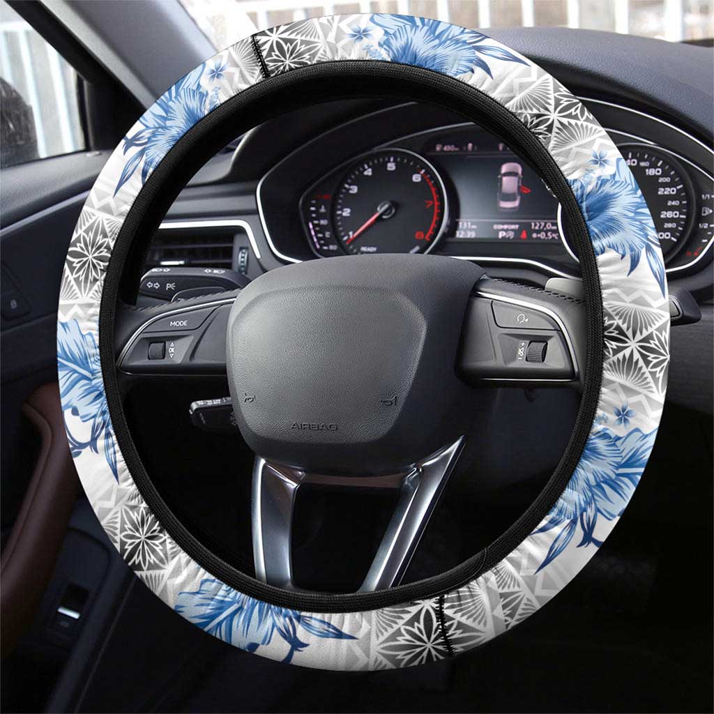 Samoa White Sunday Steering Wheel Cover Samoan Tapa Blue Hibiscus LT05 - Polynesian Pride