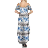 Samoa White Sunday Summer Maxi Dress Samoan Tapa Blue Hibiscus - Polynesian Pride