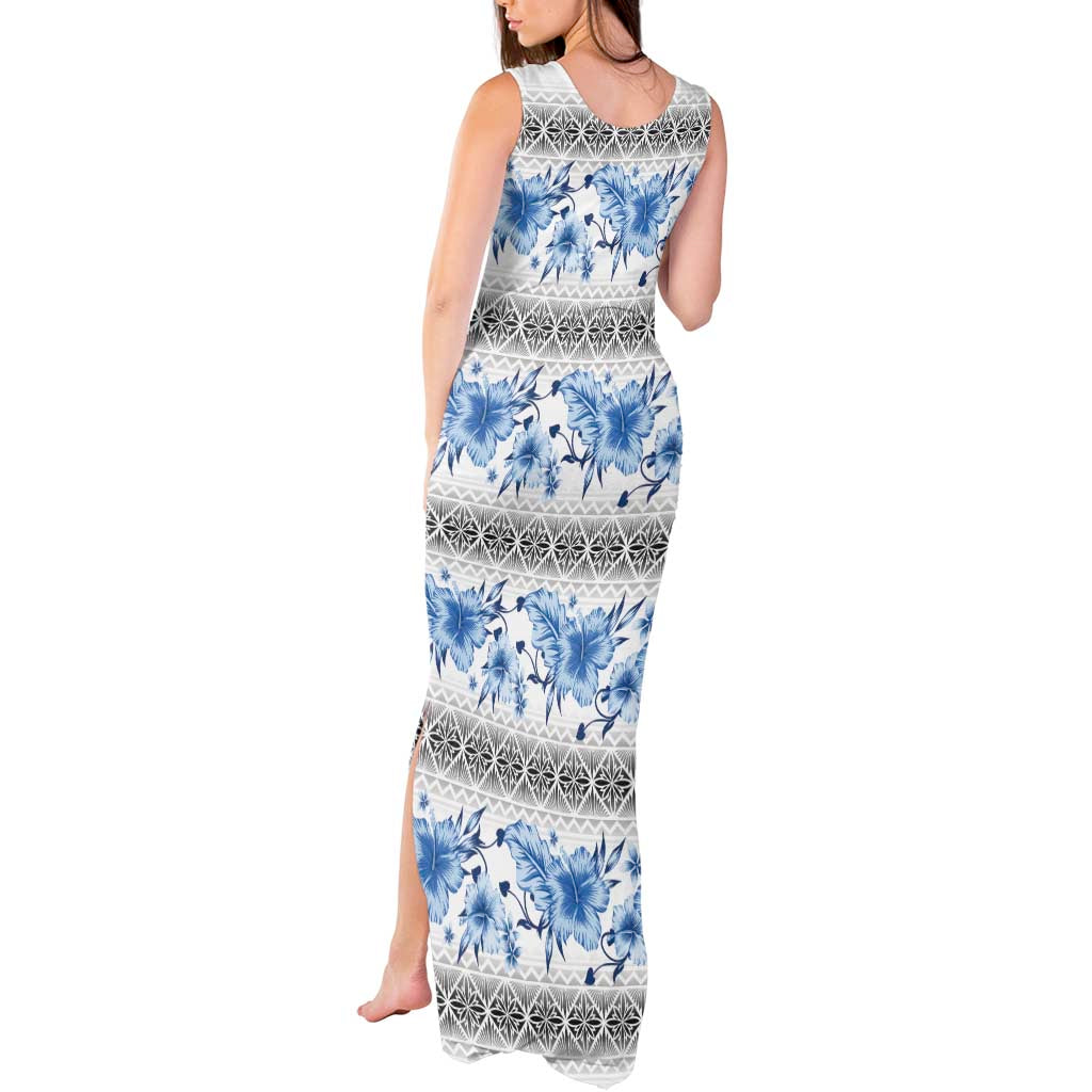 Samoa White Sunday Tank Maxi Dress Samoan Tapa Blue Hibiscus - Polynesian Pride
