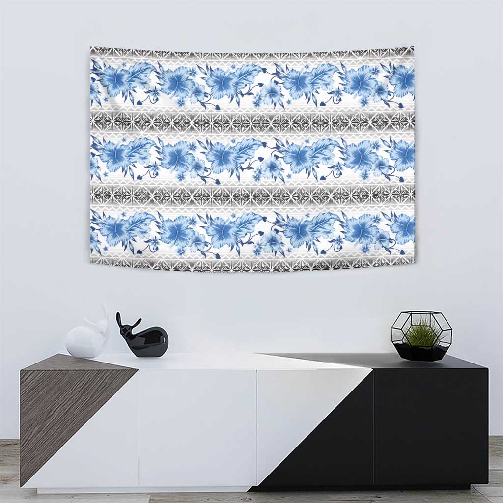 Samoa White Sunday Tapestry Samoan Tapa Blue Hibiscus - Polynesian Pride