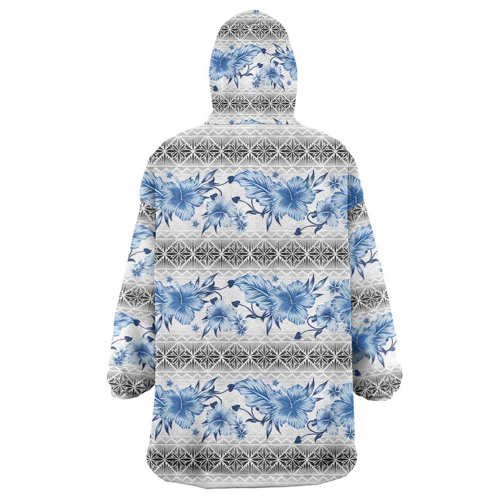 Samoa White Sunday Wearable Blanket Hoodie Samoan Tapa Blue Hibiscus LT05 - Polynesian Pride