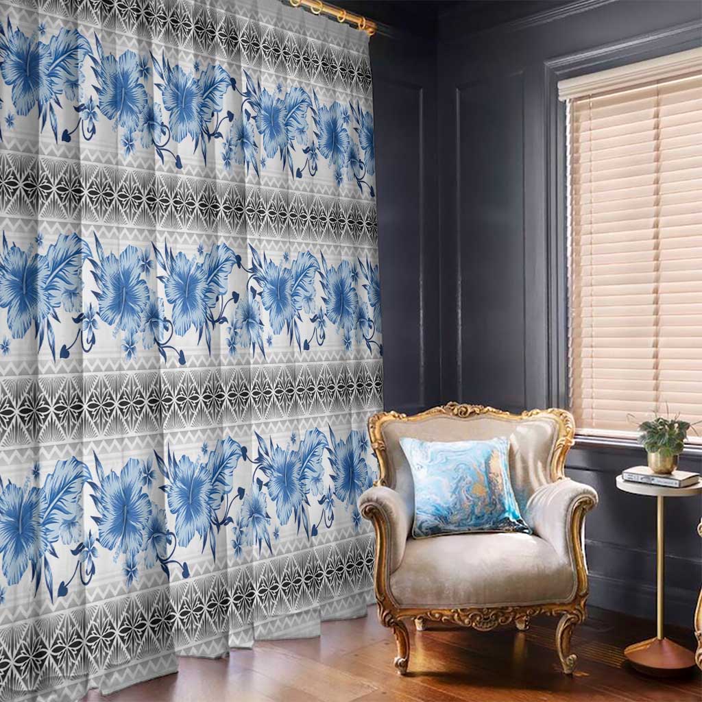 Samoa White Sunday Window Curtain Samoan Tapa Blue Hibiscus - Polynesian Pride