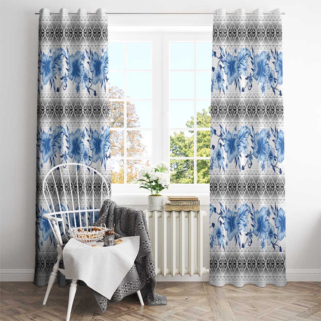 Samoa White Sunday Window Curtain Samoan Tapa Blue Hibiscus - Polynesian Pride