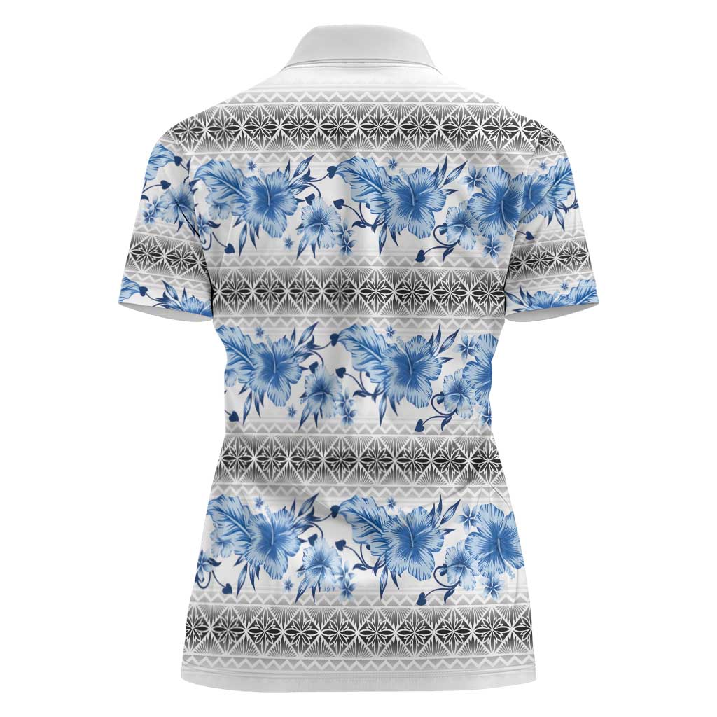 Samoa White Sunday Women Polo Shirt Samoan Tapa Blue Hibiscus - Polynesian Pride