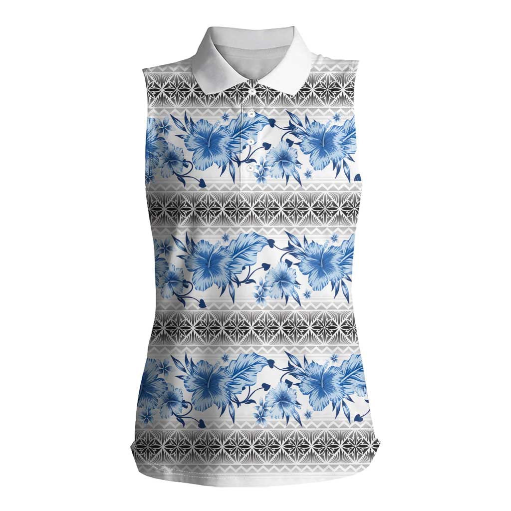 Samoa White Sunday Women Sleeveless Polo Shirt Samoan Tapa Blue Hibiscus - Polynesian Pride