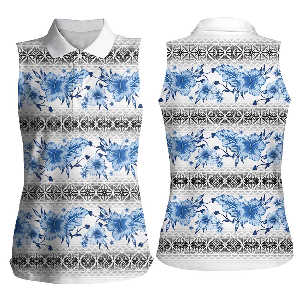 Samoa White Sunday Women Sleeveless Polo Shirt Samoan Tapa Blue Hibiscus - Polynesian Pride