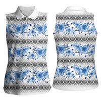 Samoa White Sunday Women Sleeveless Polo Shirt Samoan Tapa Blue Hibiscus - Polynesian Pride