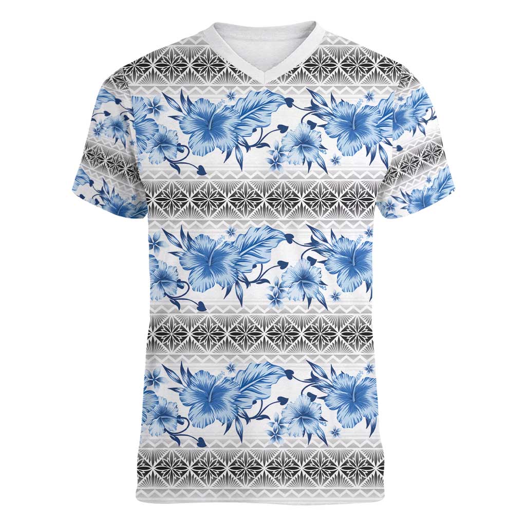 Samoa White Sunday Women V-Neck T-Shirt Samoan Tapa Blue Hibiscus - Polynesian Pride