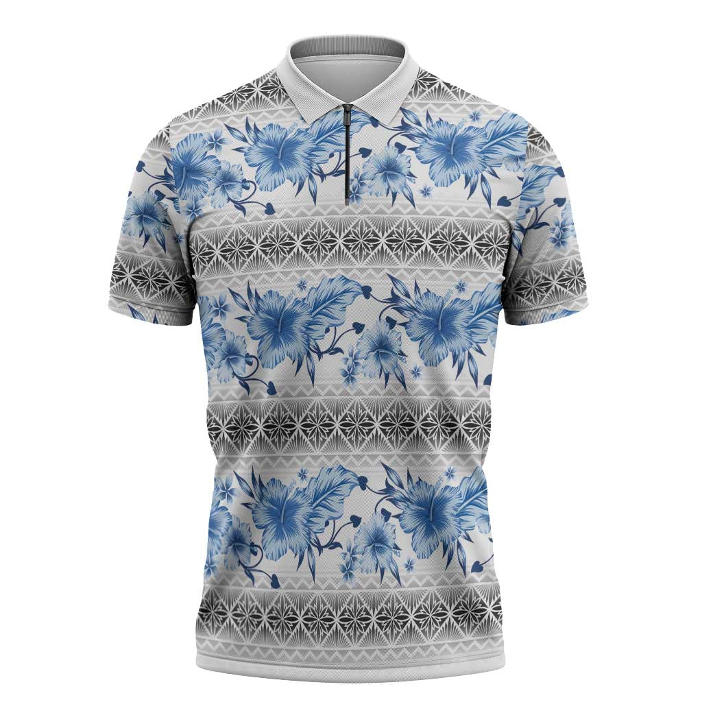 Samoa White Sunday Zipper Polo Shirt Samoan Tapa Blue Hibiscus - Polynesian Pride